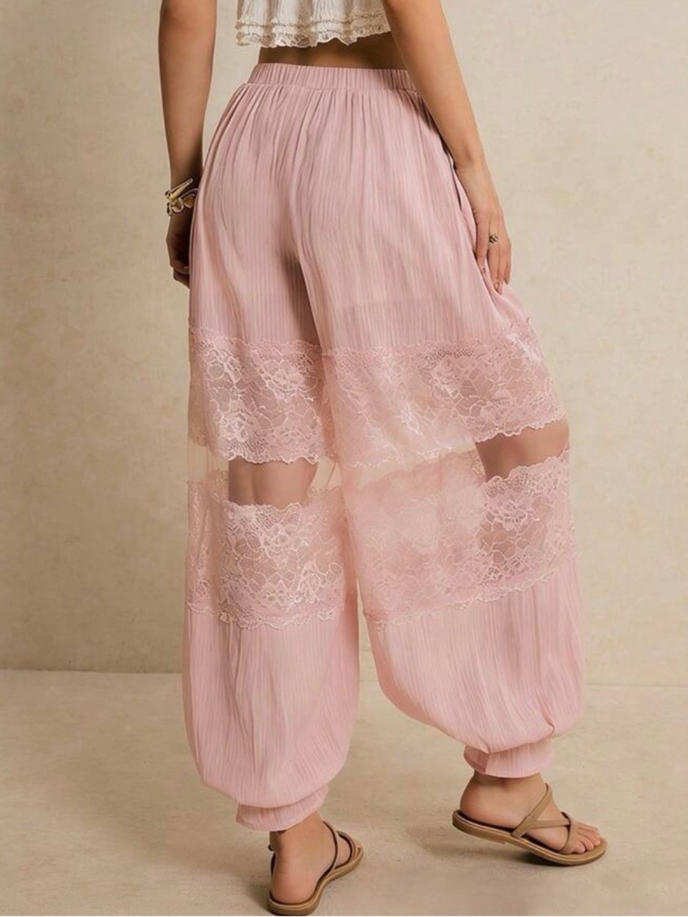 Blush Pink Lace Tiered Wide-Leg Pants – Chic Boho Lounge Set Bottom - Picture 3 of 3